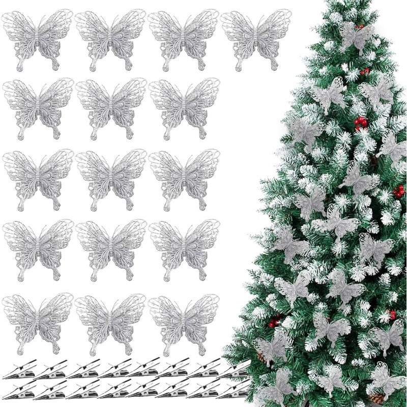 Christmas Wreath Fake - مشابك فراشات مجوفة فضية لامعة، فراشات